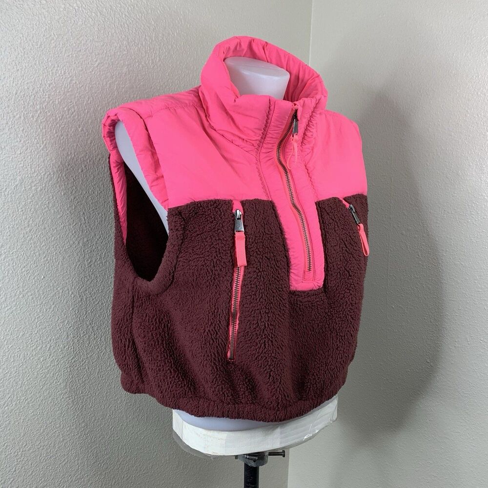 Free People Movement Journey Ahead Faux Shearling & Nylon Vest Pomegranante Sz M